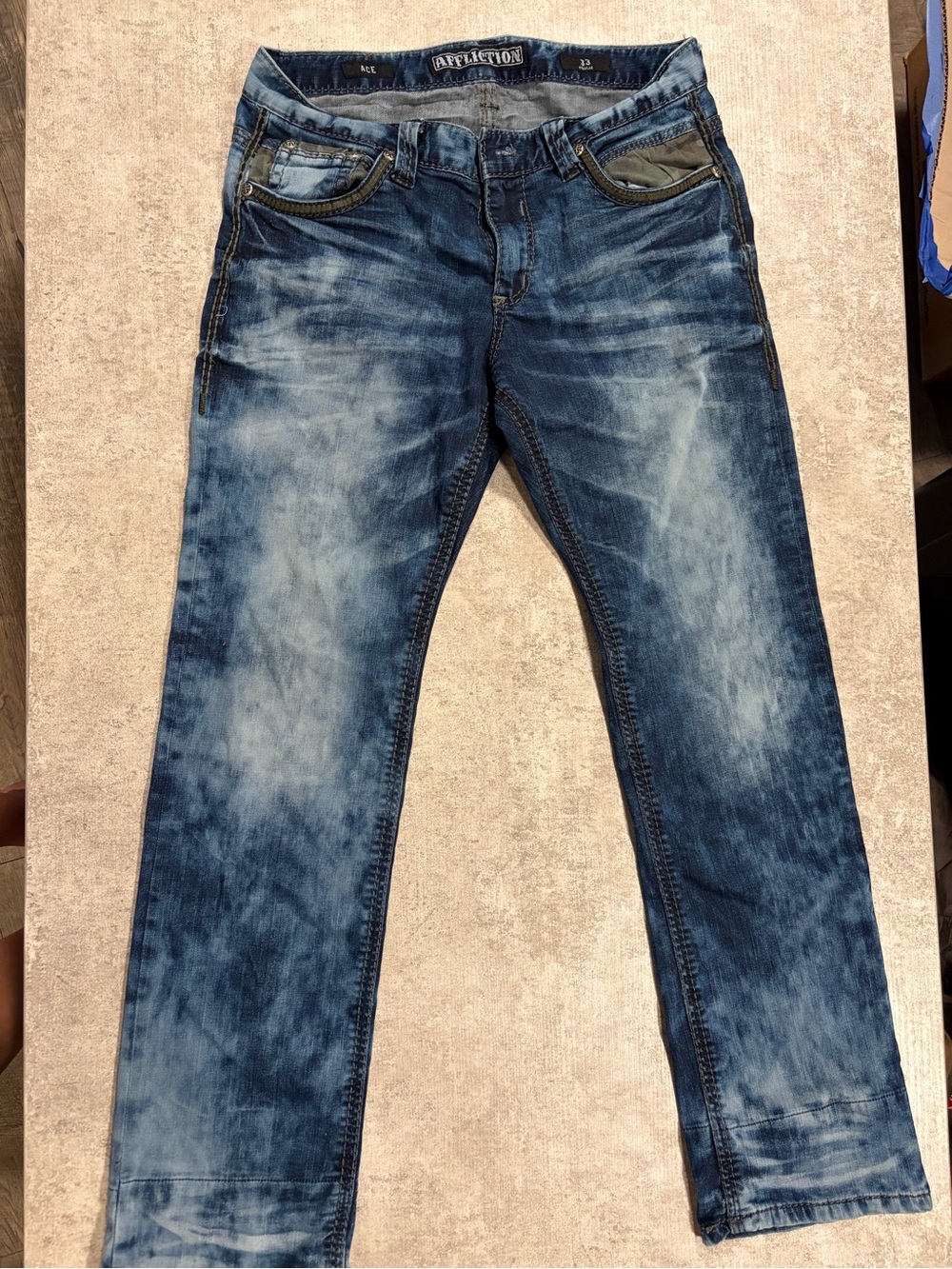 Affliction Distressed Light & Dark Blue Slim Straight Jeans